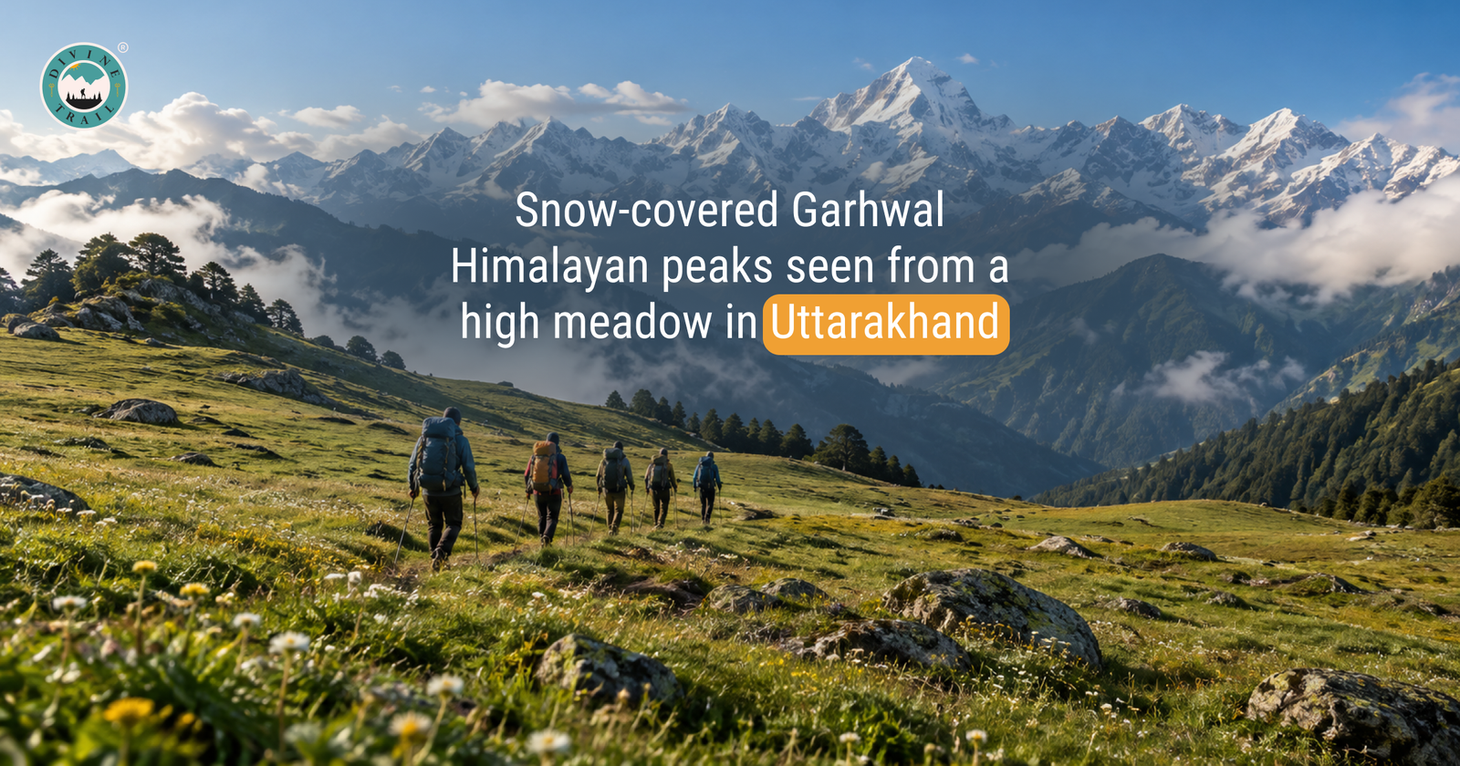 Trekking group walking across an open bugyal meadow in Uttarakhand