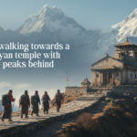 Pilgrims walking towards a Himalayan temple with snow peaks behind