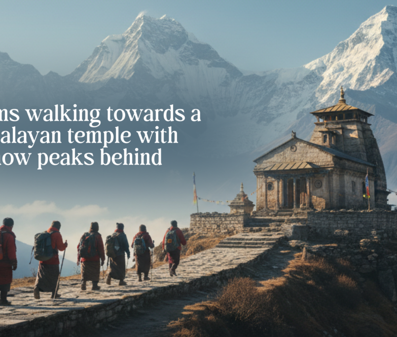 Pilgrims walking towards a Himalayan temple with snow peaks behind