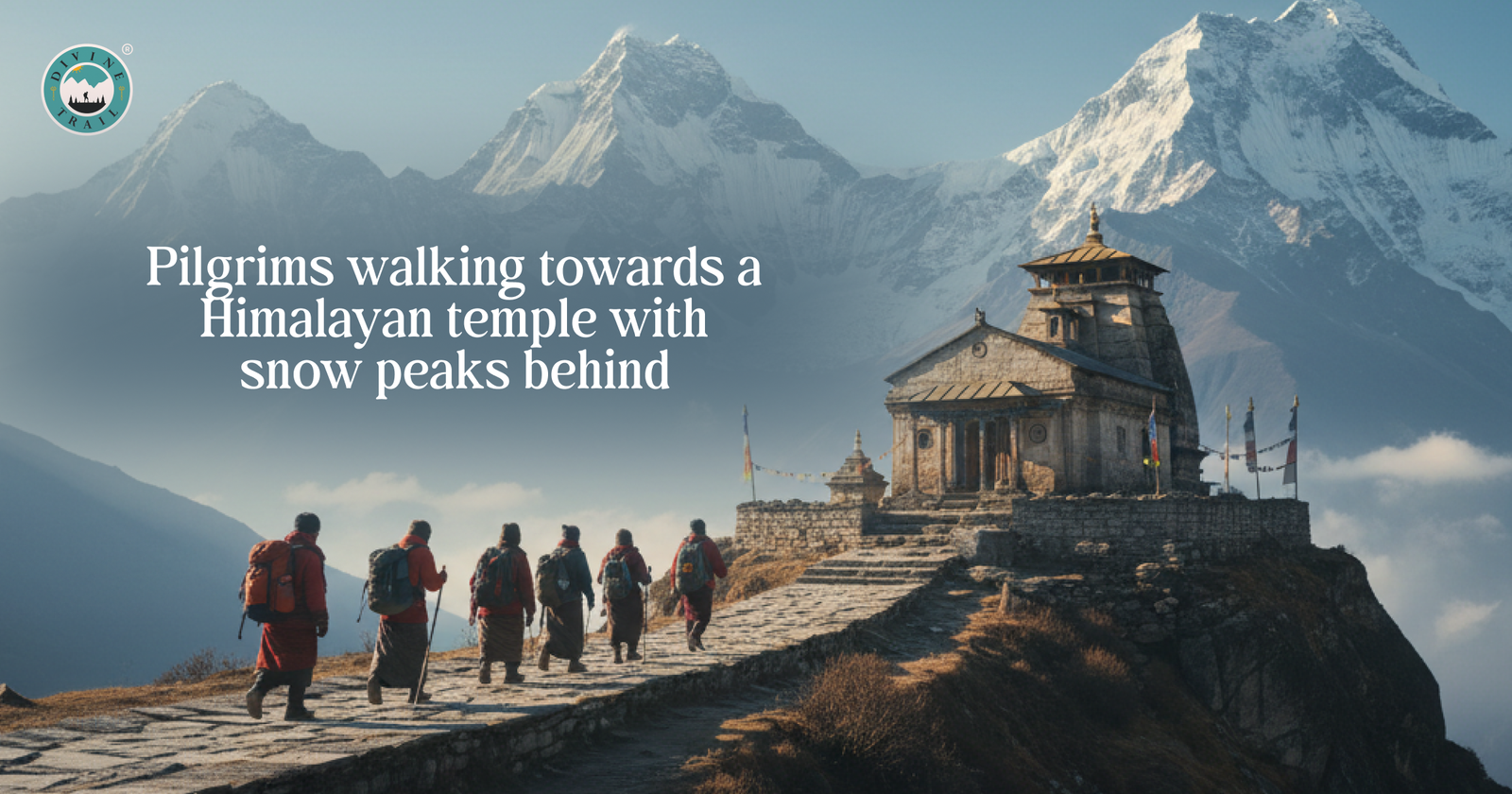 Pilgrims walking towards a Himalayan temple with snow peaks behind